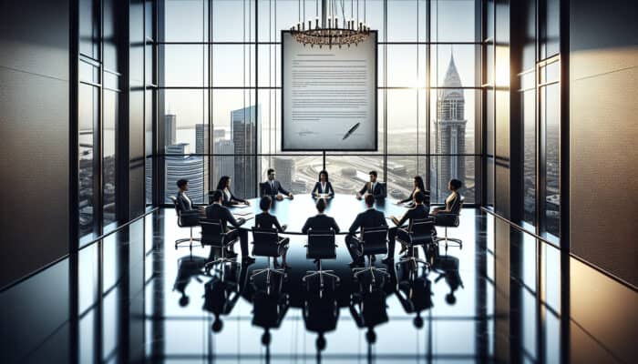 A signed NDA on a conference table, surrounded by professionals, with a city skyline view.