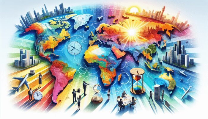 A world map showing colourful time zones, cities at different times, synchronized clocks, and people planning international activities.