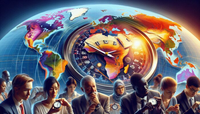 World map showing time zones with clocks changing for Daylight Saving Time, confused travellers checking watches.