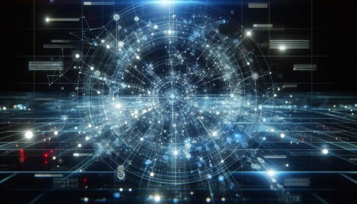 A futuristic digital network illustrating data flow and attribution models.