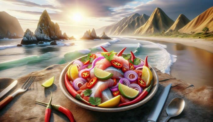 Best Peruvian Ceviche Recipes to Try: Colourful Peruvian ceviche with raw fish, citrus, chili, and onions, seaside setting.