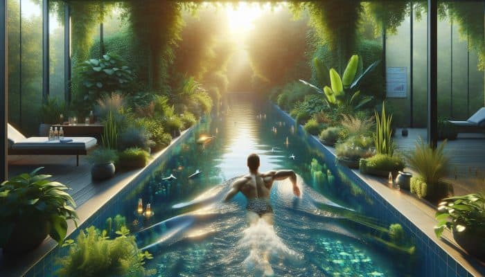Relieving Arthritis Pain in Men: A man swimming in a pool surrounded by greenery, symbolising low-impact exercise for joint health.