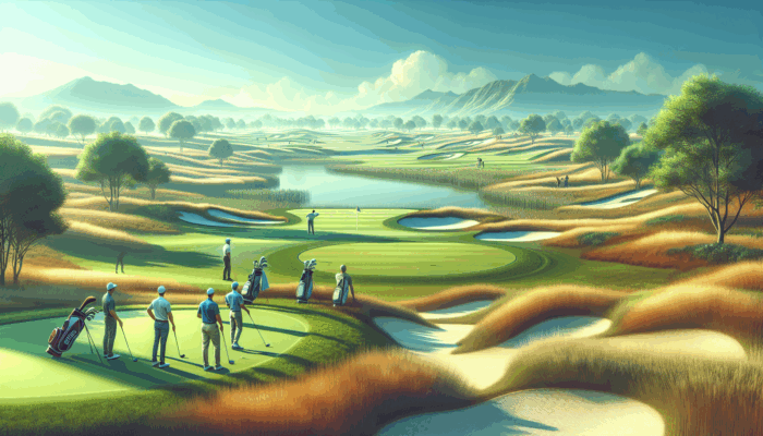 A serene Parow Golf Club golf course with unique features, expert golfers, lush greens, and strategic bunkers.