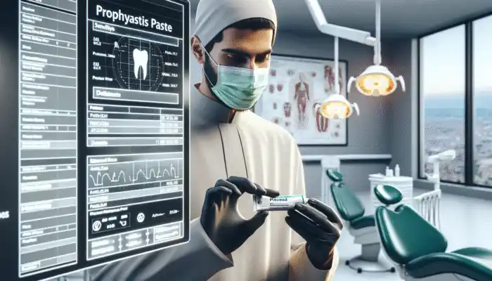 A UK dentist evaluating prophylaxis paste, considering patient sensitivity, stains, fluoride, flavour, and allergies in a modern clinic.