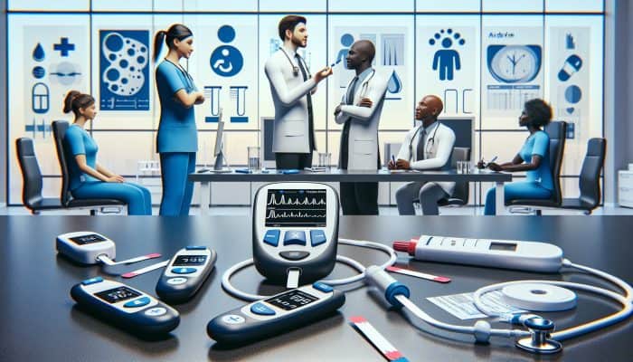 Diabetes Blood Test in Airdrie: Infographic illustrating diabetes blood testing in Airdrie clinic, featuring glucose meters, test strips, and healthcare staff.