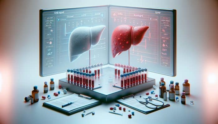 Visual representation of liver blood tests featuring vials, enzymes ALT and AST, along with comparisons of healthy and damaged liver in a clinical context.