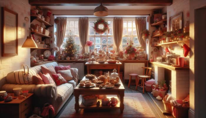 Clearing a UK Home Before Christmas: A cluttered UK living room with holiday decorations and baking supplies, needing decluttering before Christmas.