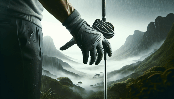 Golfer wearing a high-tech golf glove with perforated palms, stretchable material, moisture-wicking technology, and adjustable closures in a humid South African landscape.