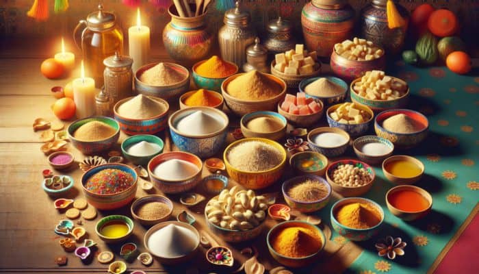 How to Make a Festive Diwali Sweet: Bowls of sugar, ghee, and flours like chickpea and rice, with Indian utensils and Diwali decorations.
