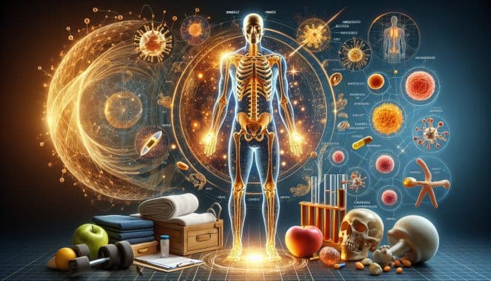 Vitamin D Blood Test in East Kilbride: A glowing skeleton with immune cells and calcium, symbolizing Vitamin D's health benefits.