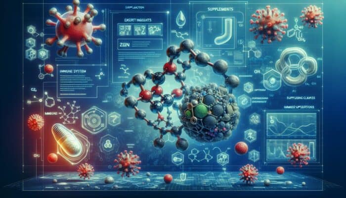 Infographic illustrating zinc supplements' influence on immune function with expert insights and scientific visuals.