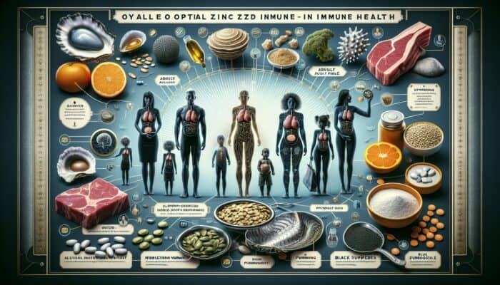 Infographic illustrating zinc's role in immune health, optimal dosages for various demographics, and dietary sources.