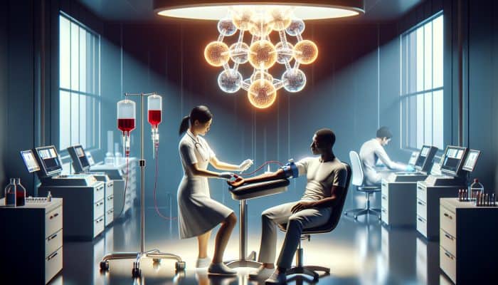 A professional nurse in a modern Motherwell clinic draws blood from a patient's arm, surrounded by lab equipment and a glowing vitamin B12 structure in soft lighting.