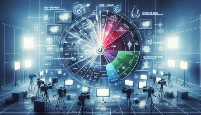 Pie chart illustrating video ad budgeting costs: media on glowing screens, production sets with cameras, and distribution arrows in a modern office.