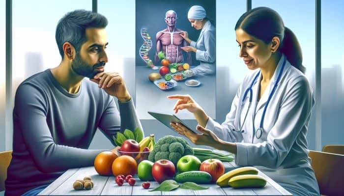 In a modern Bristol clinic, a diverse patient and expert review colorful allergen charts on a tablet while selecting fresh produce.