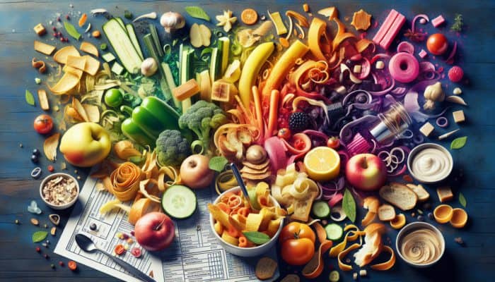 A vibrant kitchen scene showcasing food scraps transformed into delectable upcycled dishes.