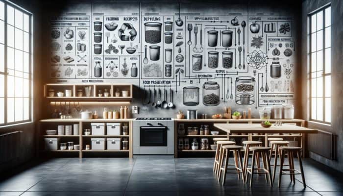 A kitchen scene featuring food scrap storage, upcycling recipes, and preservation methods like freezing, dehydrating, and fermenting.