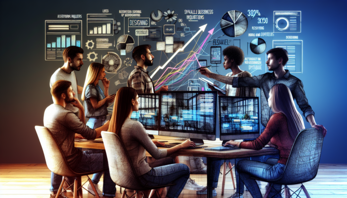 Team of web designers in a modern Poole office collaborates on a restaurant website redesign, analysing screens and a 30% inquiry graph.