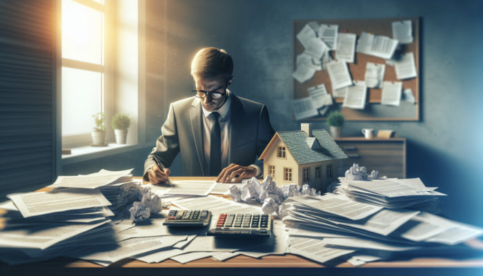 Focused individual at a cluttered desk reviewing home loan documents, with a miniature house model and calculator in a sunlit office.