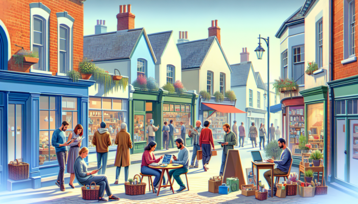 Small business owners in Verwood engage with social media on devices outside quaint shops, attracting diverse customers under a bright sky.