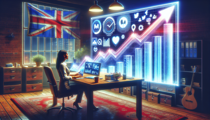 A small business owner in a bustling Verwood office analyses rising social media graphs, surrounded by UK flags and icons.