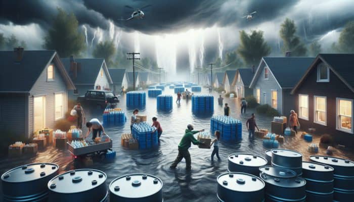 In a flooded town, families draw water from labeled storage tanks in fortified homes as volunteers distribute supplies under stormy skies.