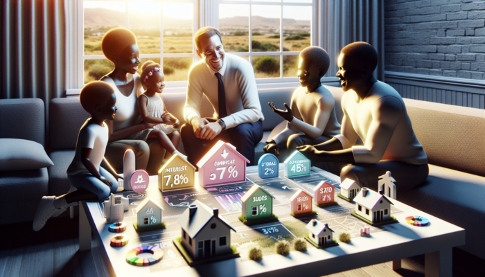 In Vryheid, a diverse middle-income family consults with a friendly advisor about mortgages, surrounded by house models, interest graphs, and subsidy certificates.