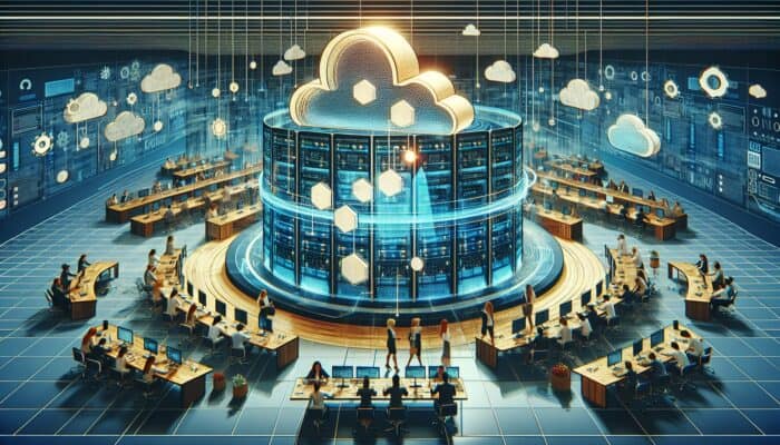 Promoting Hosting with Support Escalations: Multi-tiered support desks in a data center, agents handling cloud escalations, holographic displays of resolved queries and satisfied users, inspired by AWS.