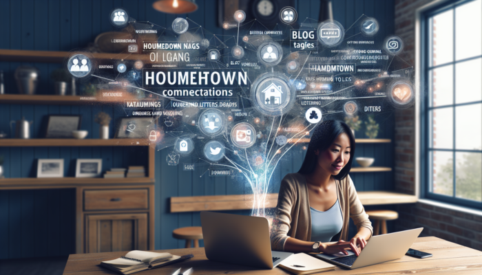 A small business owner in Bampton crafts social media posts on a laptop, featuring blog links and local hashtags to engage smiling locals.