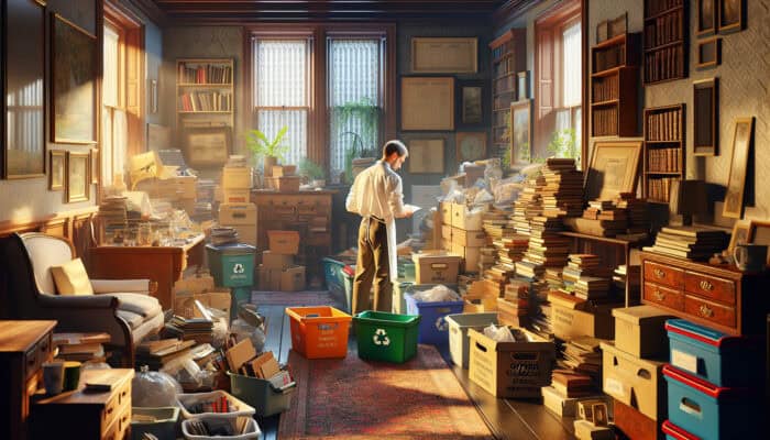 Professional organizer sorting items in a cluttered Victorian living room, using color-coded boxes and recycling bins, with books and furniture in the background.