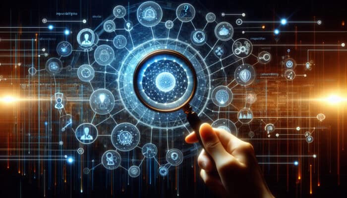 Futuristic digital network showing interconnected nodes for responsibilities, glowing shields for insurance, and magnifying glasses for audits in payment systems.