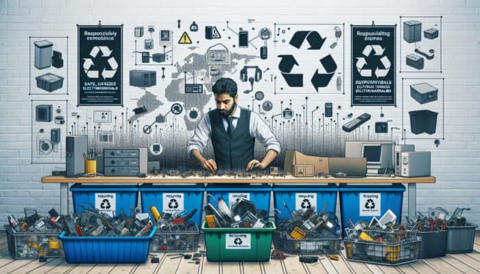 Focused person in UK home workspace sorts electronics into color-coded bins, separating hazardous items like batteries under Recycling Lives posters.