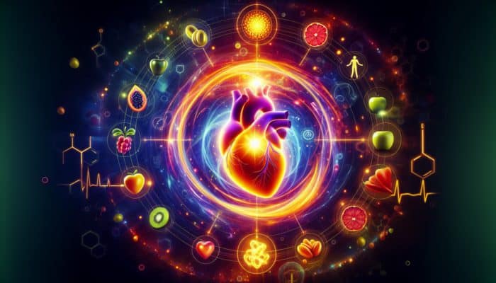 A glowing heart shielded by swirling vitamins C and E, neutralizing dark free radicals amid fruits and exercise symbols for cardiovascular protection.