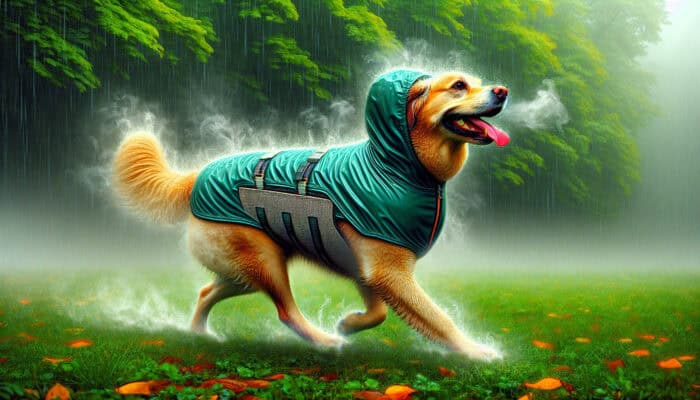 An energetic dog in a breathable raincoat with mesh vents strides through a misty, rainy park, looking happy as steam escapes in the humid greenery.
