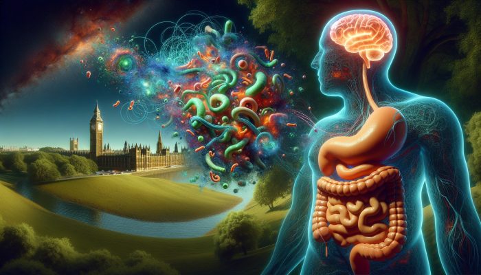 Vibrant gut bacteria swirling in a human digestive system, connected to a glowing brain, with Big Ben and UK countryside backdrop.
