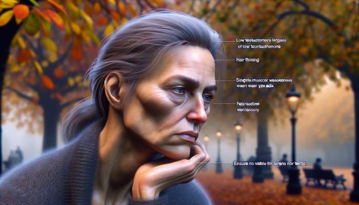 Does Low Testosterone Cause Hair Loss In Females: A mature British woman in a foggy autumn London park, with thinning hair, weary eyes, somber expression, and subtle muscle weakness.