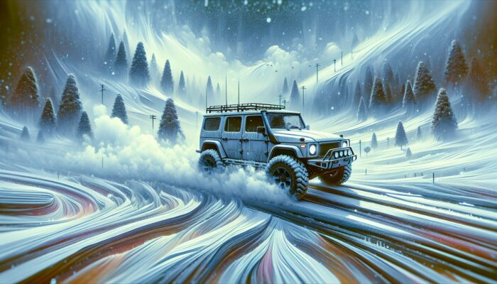 A robust SUV with snow tires and a powerful heating system driving safely through icy, snowy roads.