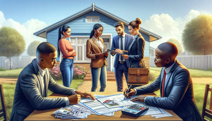 A diverse couple consults a real estate agent outside a modest home in Vanderbijlpark, while a banker reviews documents and an inspector examines the property.