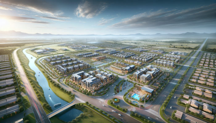 Aerial view of modern homes in Vanderbijlpark near the Vaal River, highlighting accessible roads, schools, parks, and shopping centers.