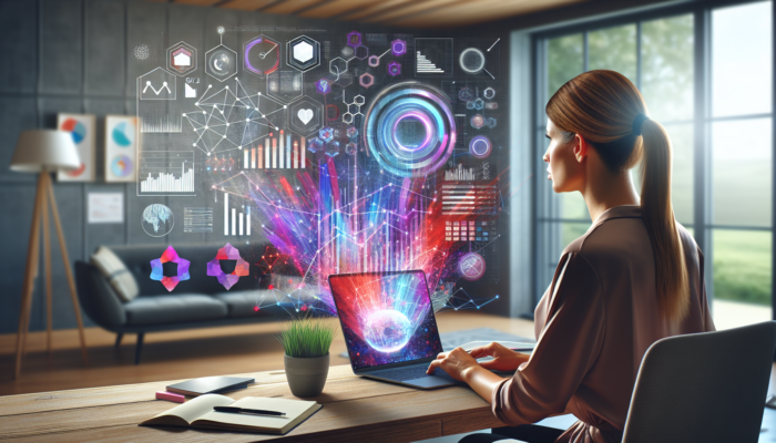 A determined small business owner in a home office analyses website analytics on a laptop, showing graphs of traffic, conversions, and engagement metrics.