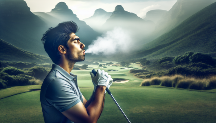 How to Improve Golf Mental Clarity: A focused golfer inhales deeply on South Africa's Magaliesberg course, adjusting his swing amid lush greens and misty mountains.