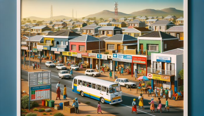 A vibrant Mthatha street in an affordable neighbourhood, featuring colourful modest homes, families walking to schools and shops, a visible health clinic, buses passing, under sunny skies.