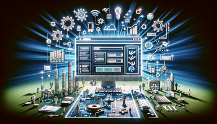 A digital workspace screen showing website optimization for a Bampton business, with fast-loading pages, intuitive navigation, local landmarks, and error-scanning tools.