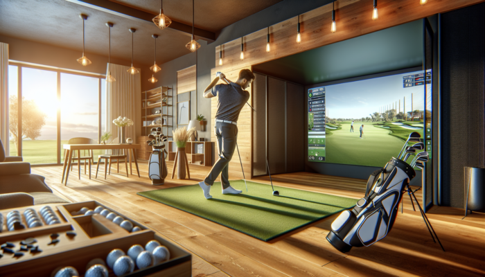 A focused golfer practises on a high-tech indoor simulator in a modern South African home, surrounded by reliable equipment under warm lighting.