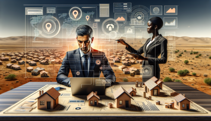 Investor reviews housing market trends on a laptop in Colesberg, surrounded by maps and charts, with agent pointing to arid landscape neighbourhoods.