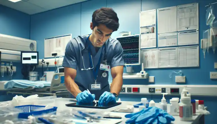 NHS nurse in a sterile ward, wearing blue nitrile gloves while handling medical instruments for protection against pathogens.