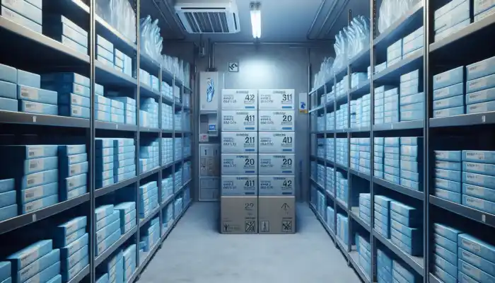 Organised metal shelves in a UK healthcare storage room with boxes of blue nitrile gloves, labelled with expiration dates.