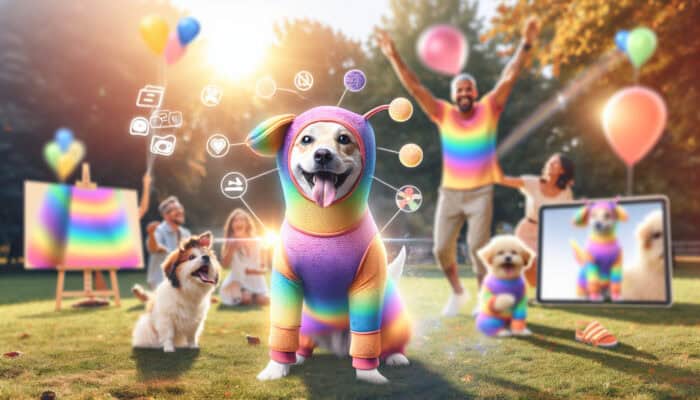 A playful dog in a lightweight, hypoallergenic cotton and mesh costume plays in a sunny park with excited owners.