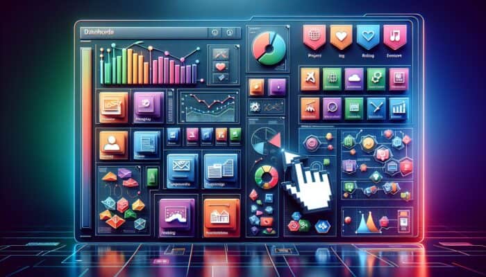 A sleek Canva dashboard displays a grid of vibrant project thumbnails in labelled folders like "Marketing Campaigns," with a cursor hovering over one for easy navigation.