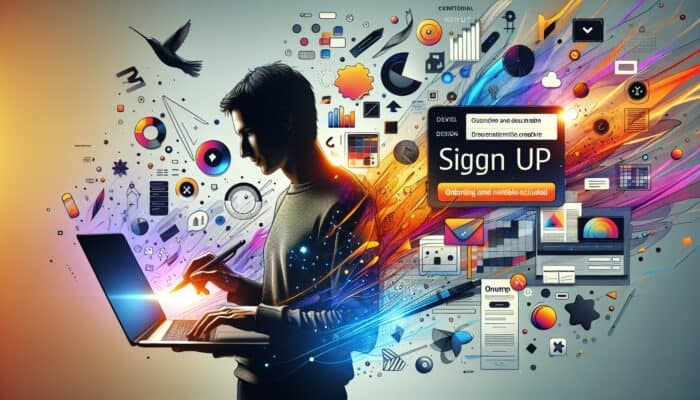 Illustration of a user on a laptop clicking Canva's Sign Up button, with glowing email, Google, and Facebook icons surrounded by floating design templates and colours.